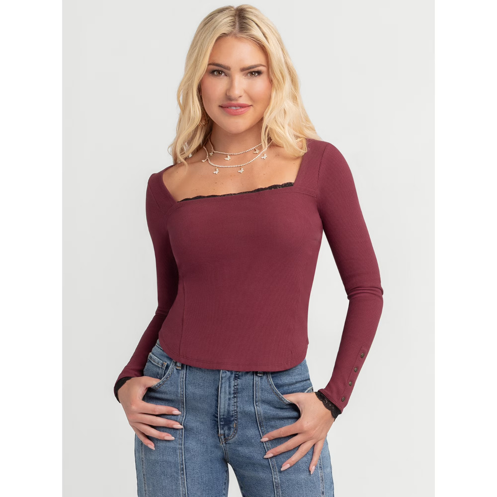 Jessica Simpson Aleera Ribbed Knit Top with Lace Trim Size M New With Tag